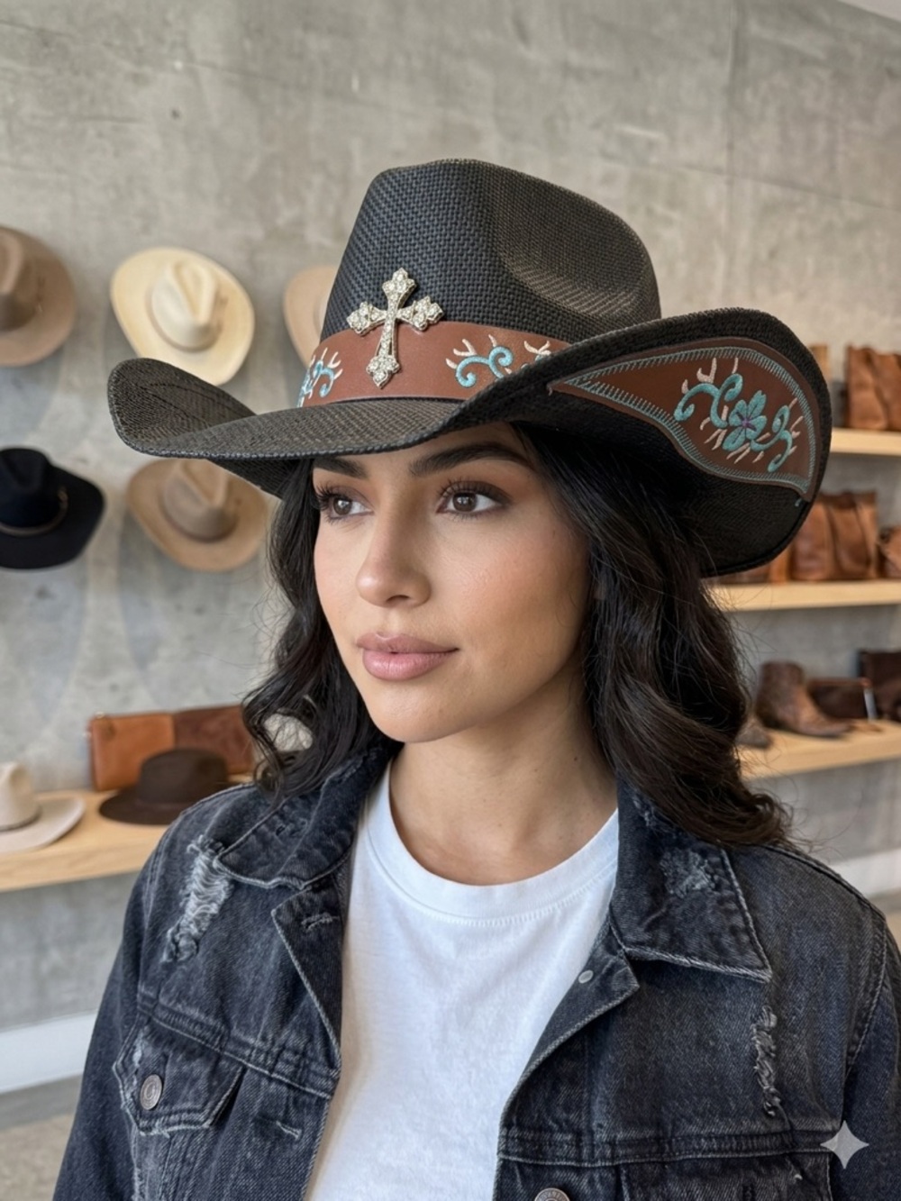 Women’s Black Straw Western Hat with Brown & Turquoise Trim